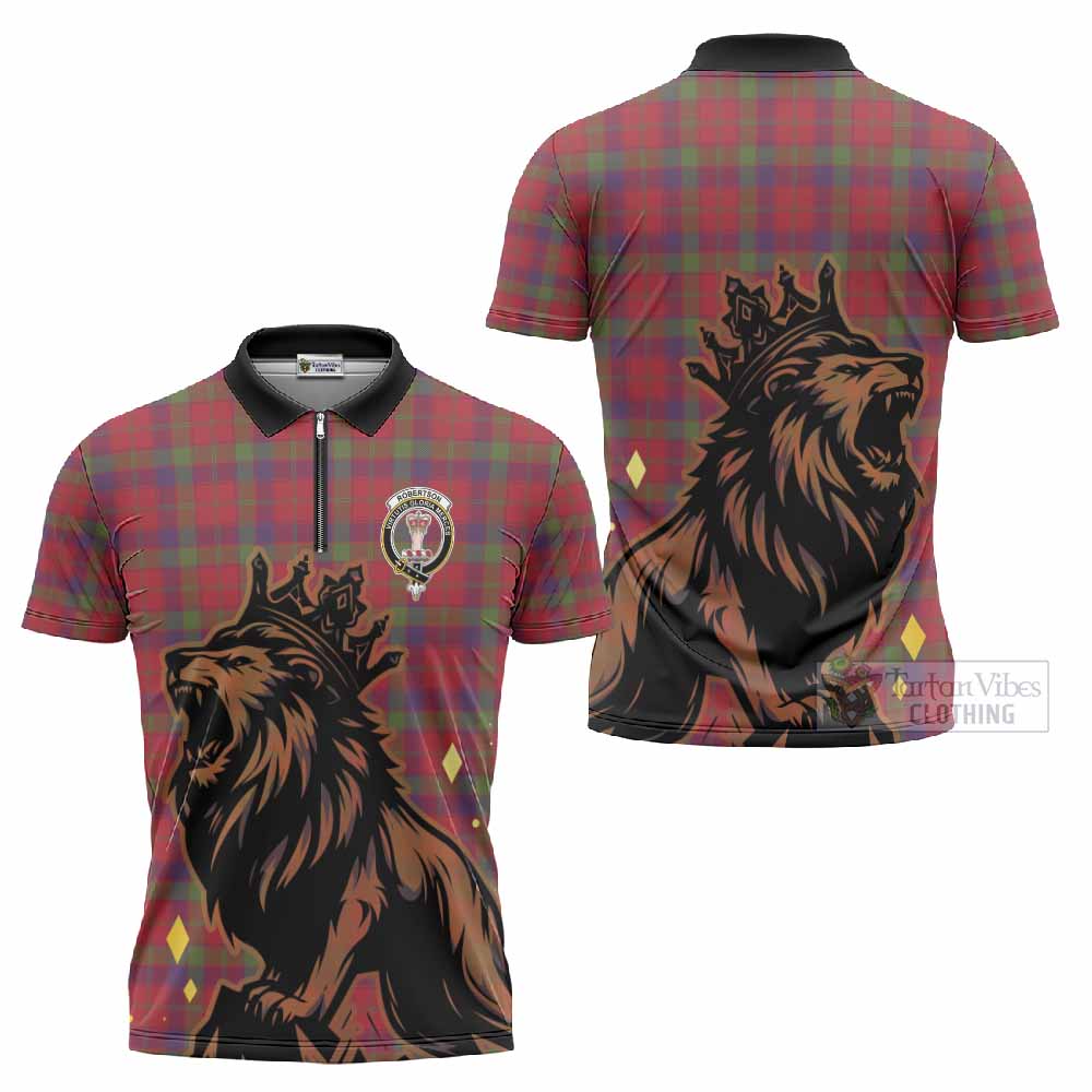 Robertson Tartan Family Crest Zipper Polo Shirt Crowned Lion Roaring