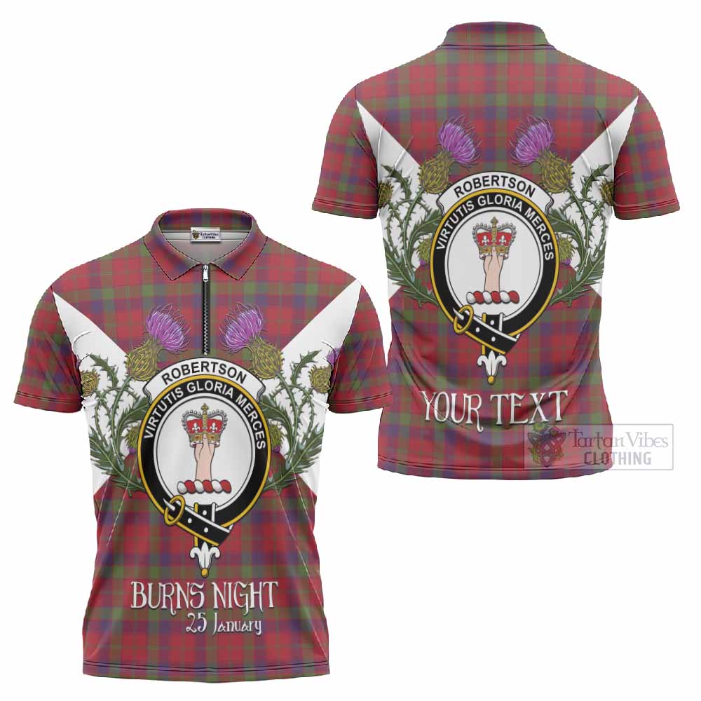 Robertson Tartan Family Crest Zipper Polo Shirt Scottish Burns Night Thistle Floral