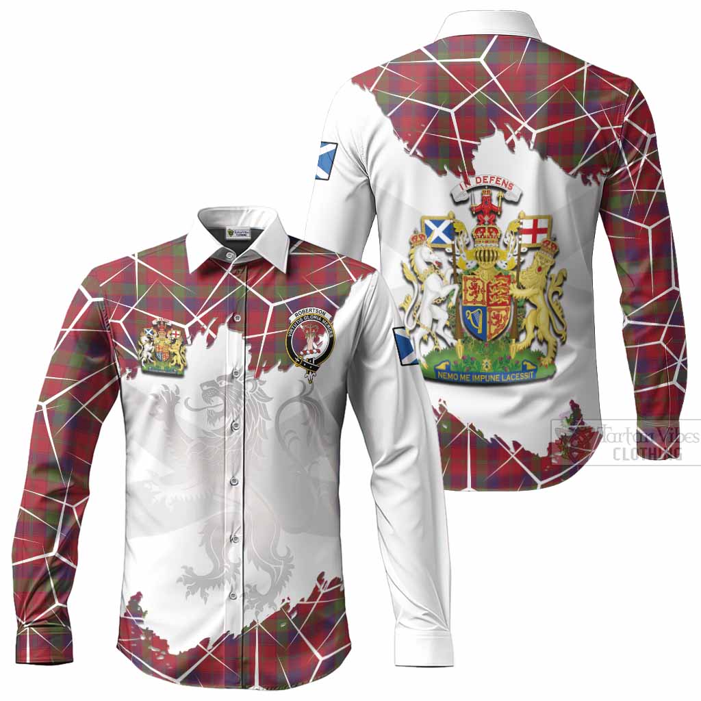 Robertson Tartan Long Sleeve Button Shirts with Family Crest and Lion Rampant Grunge Style