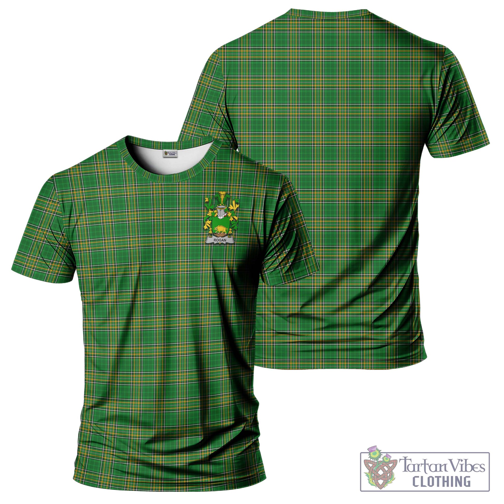 Tartan Vibes Clothing Rogan Ireland Clan Tartan T-Shirt with Family Seal