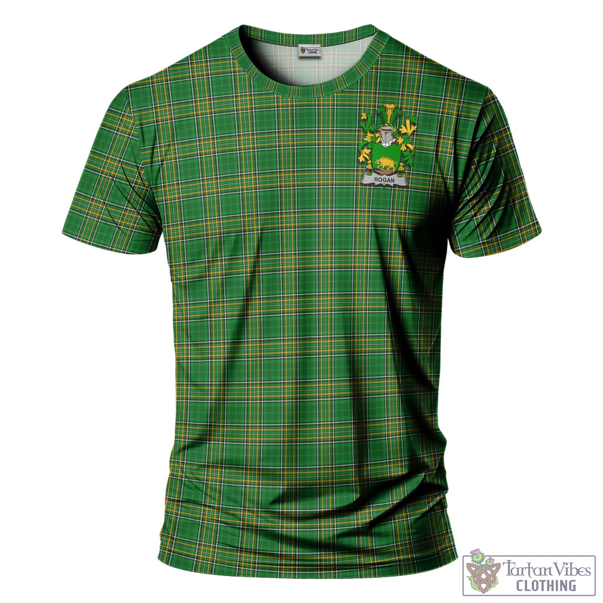 Tartan Vibes Clothing Rogan Ireland Clan Tartan T-Shirt with Family Seal