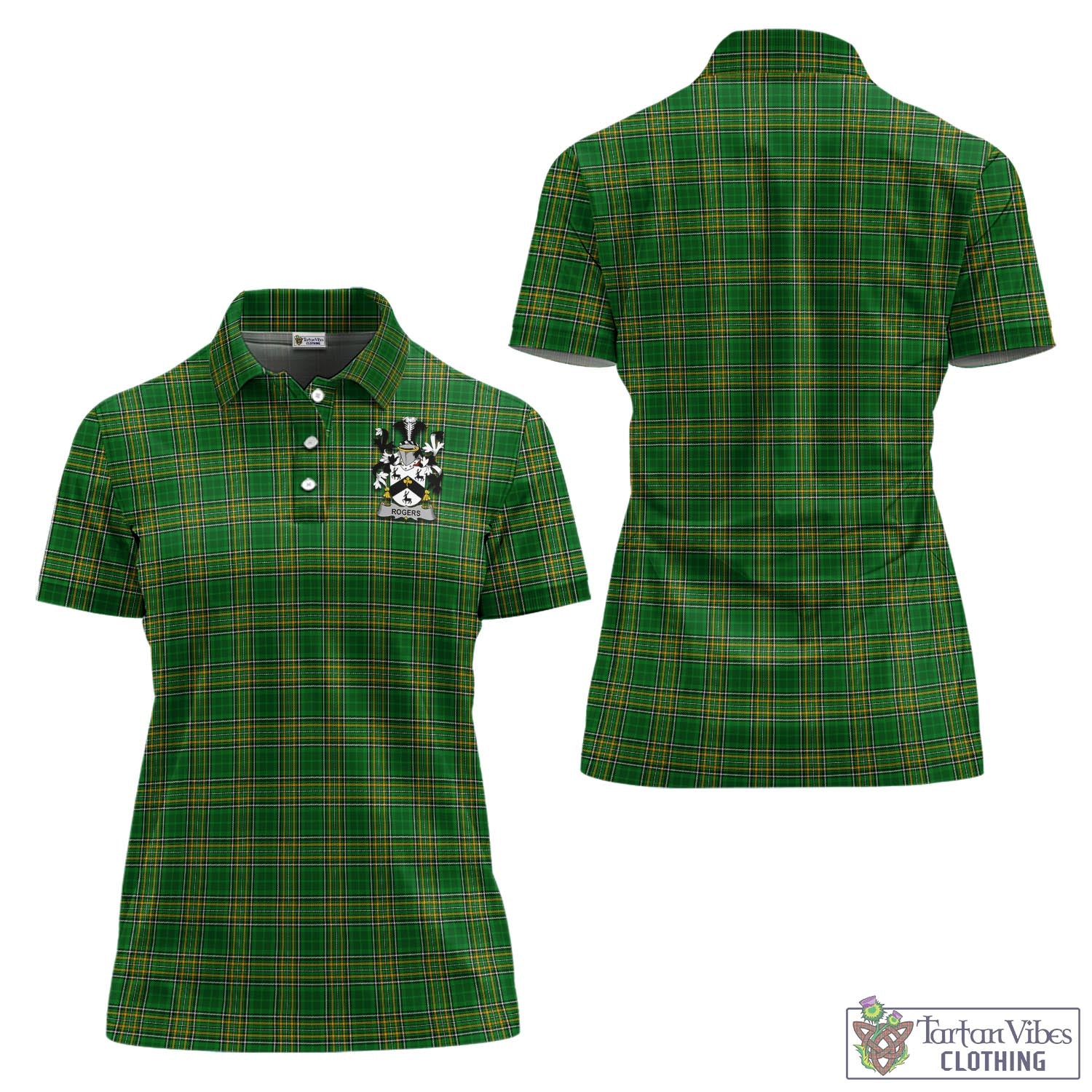 Tartan Vibes Clothing Rogers Ireland Clan Tartan Women's Polo Shirt with Coat of Arms