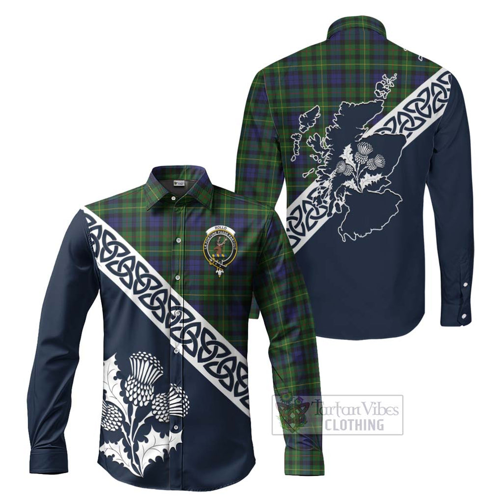 Tartan Vibes Clothing Rollo Tartan Long Sleeve Button Shirt Featuring Thistle and Scotland Map