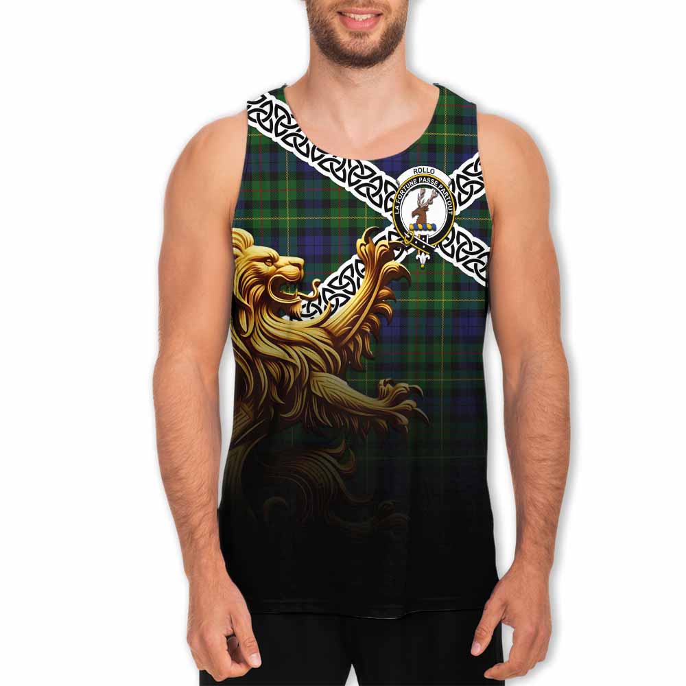 Tartan Vibes Clothing Rollo Crest Tartan Men's Tank Top with Golden Lion Emblem Celtic Style