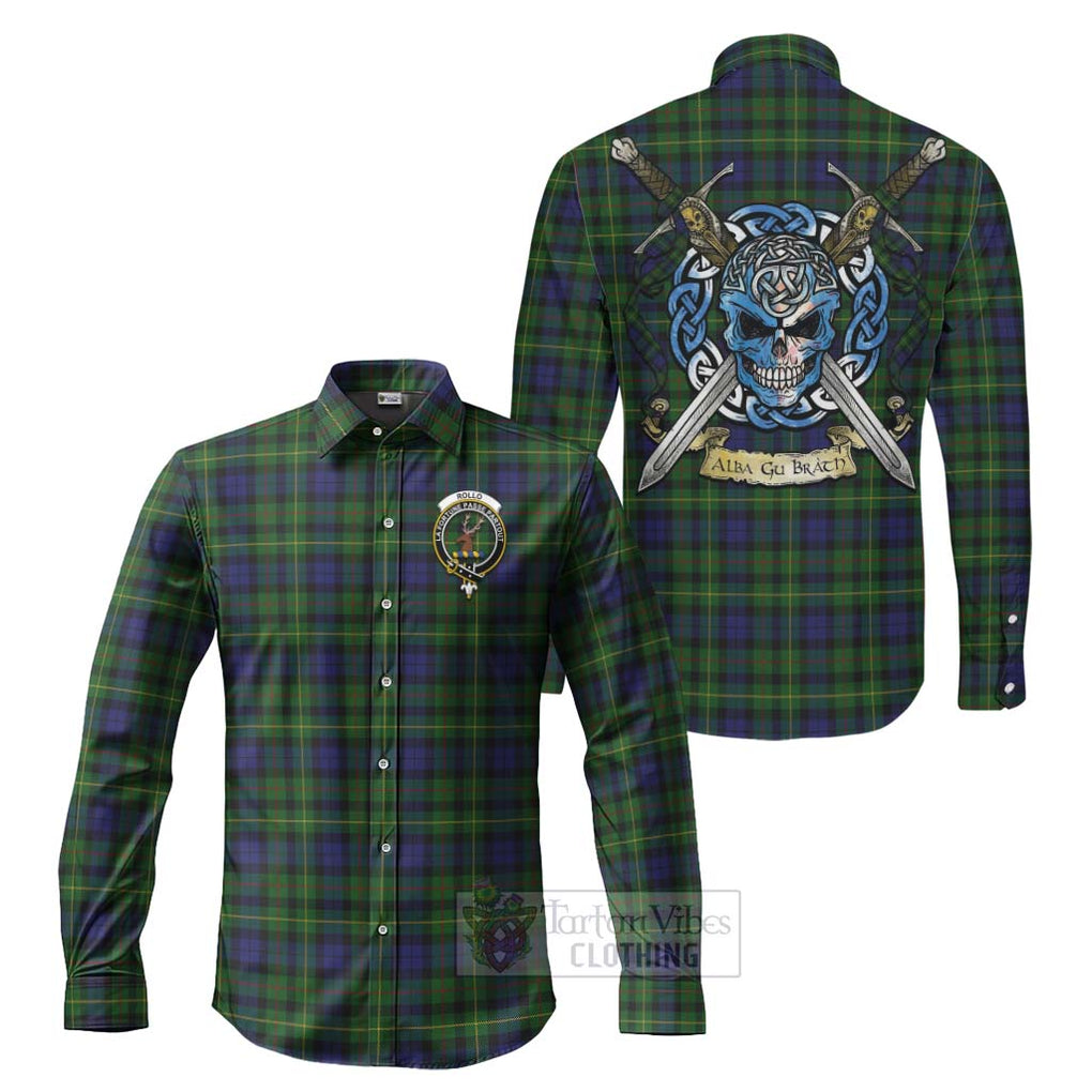 Tartan Vibes Clothing Rollo Tartan Long Sleeve Button Shirt with Family Crest Celtic Skull Style