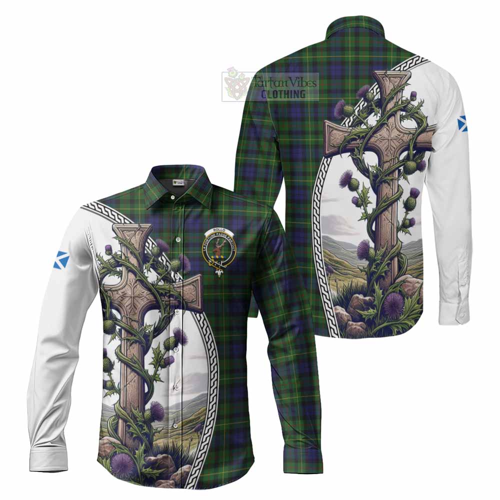 Tartan Vibes Clothing Rollo Tartan Long Sleeve Button Shirt with Family Crest and St. Andrew's Cross Accented by Thistle Vines