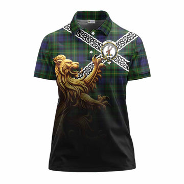 Rollo Crest Tartan Women's Polo Shirt with Golden Lion Emblem Celtic Style