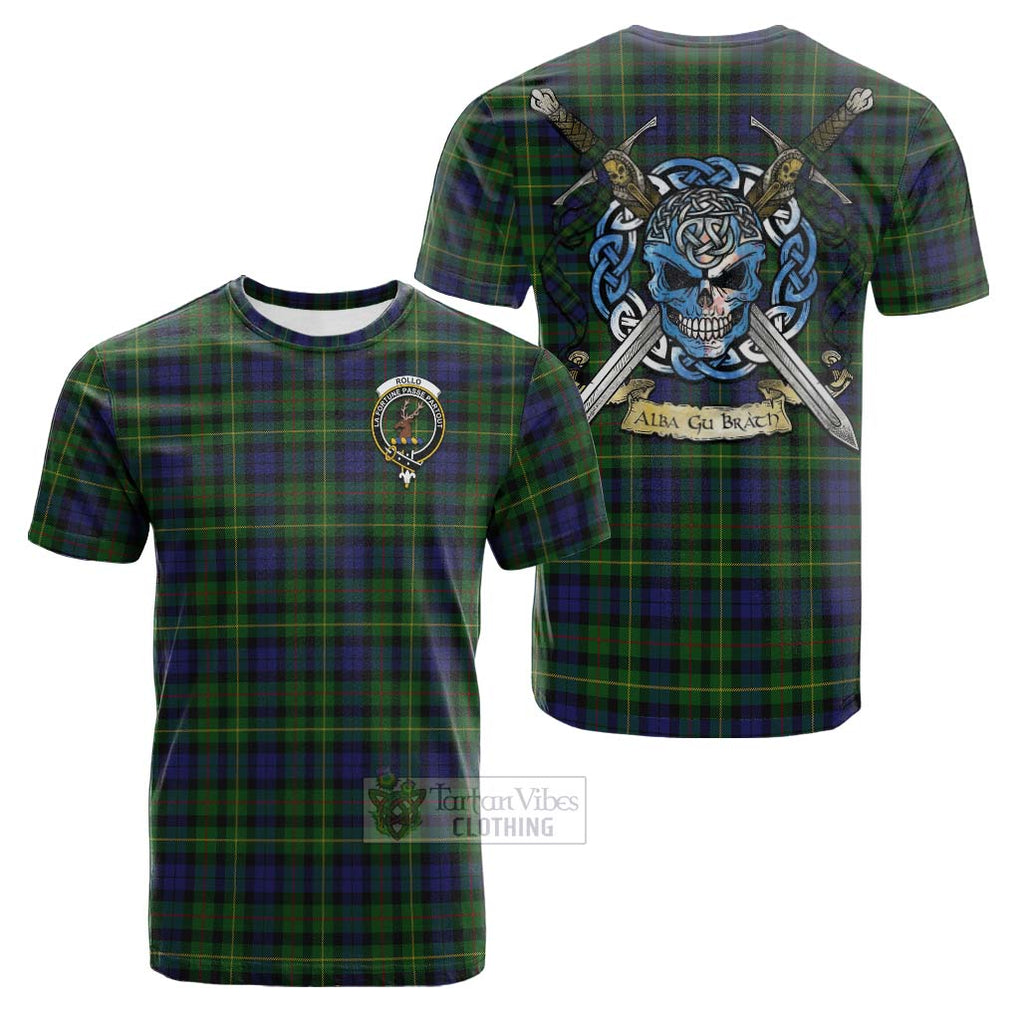 Tartan Vibes Clothing Rollo Tartan Cotton T-shirt with Family Crest Celtic Skull Style