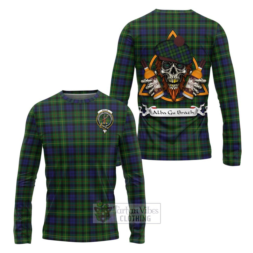 Tartan Vibes Clothing Rollo Tartan Long Sleeve T-Shirt with Family Crest and Bearded Skull Holding Bottles of Whiskey