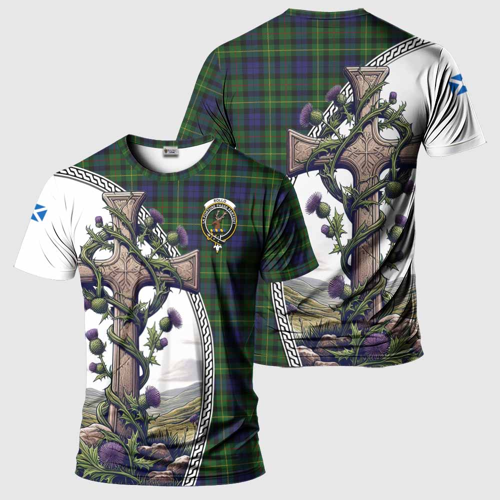 Tartan Vibes Clothing Rollo Agnew Tartan T-Shirt with Family Crest and St. Andrew's Cross Accented by Thistle Vines