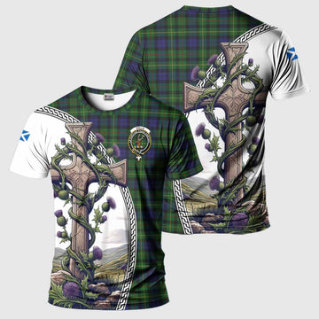 Tartan Vibes Clothing Rollo Agnew Tartan T-Shirt with Family Crest and St. Andrew's Cross Accented by Thistle Vines