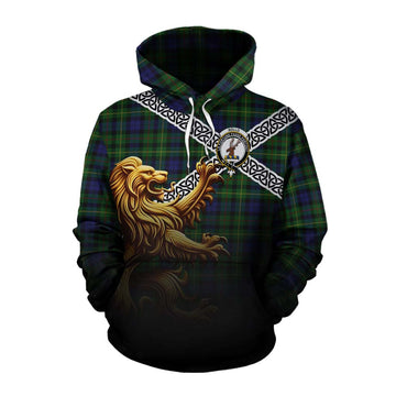 Rollo Crest Tartan Cotton Hoodie with Golden Lion Emblem Celtic Style