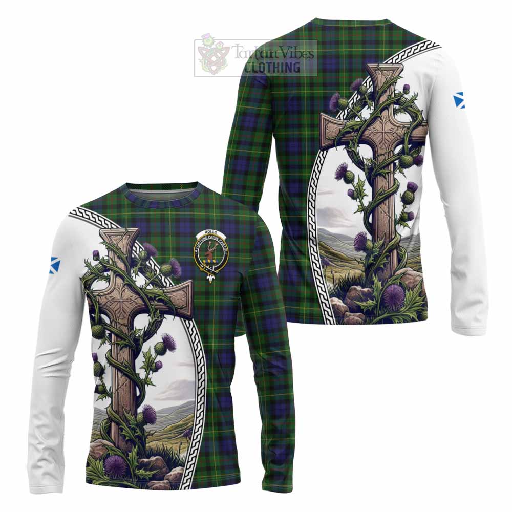 Tartan Vibes Clothing Rollo Tartan Long Sleeve T-Shirt with Family Crest and St. Andrew's Cross Accented by Thistle Vines