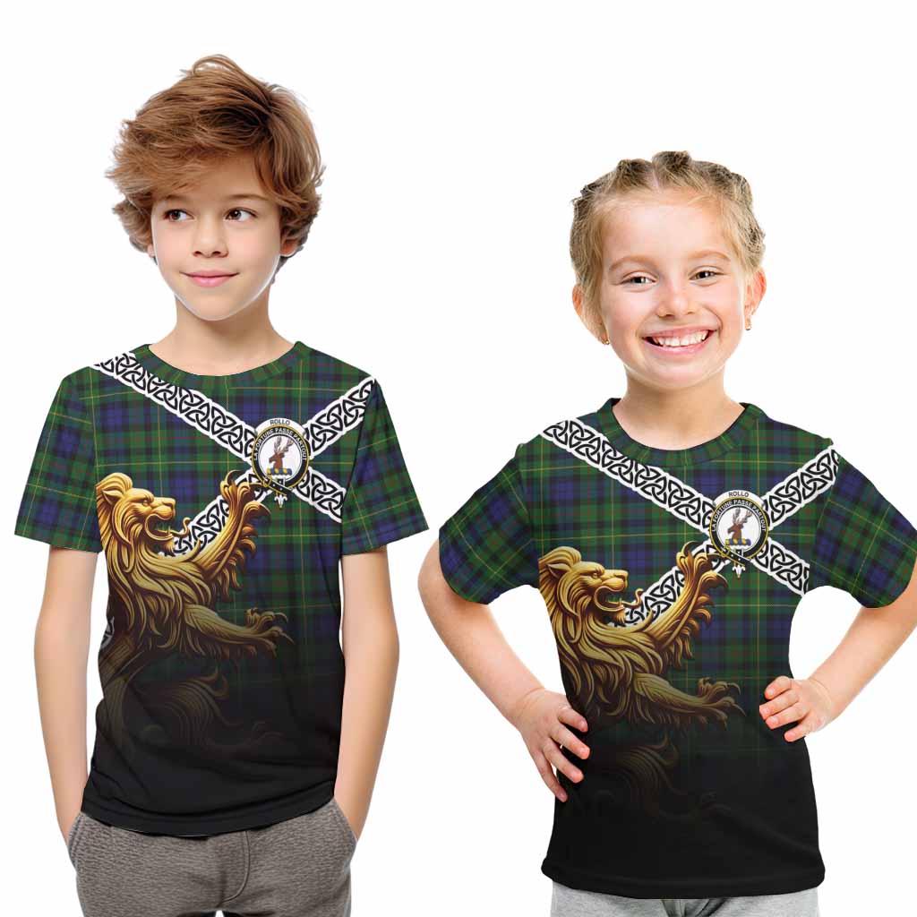 Tartan Vibes Clothing Rollo Crest Tartan Kid T-Shirt with Golden Lion Emblem Celtic Style