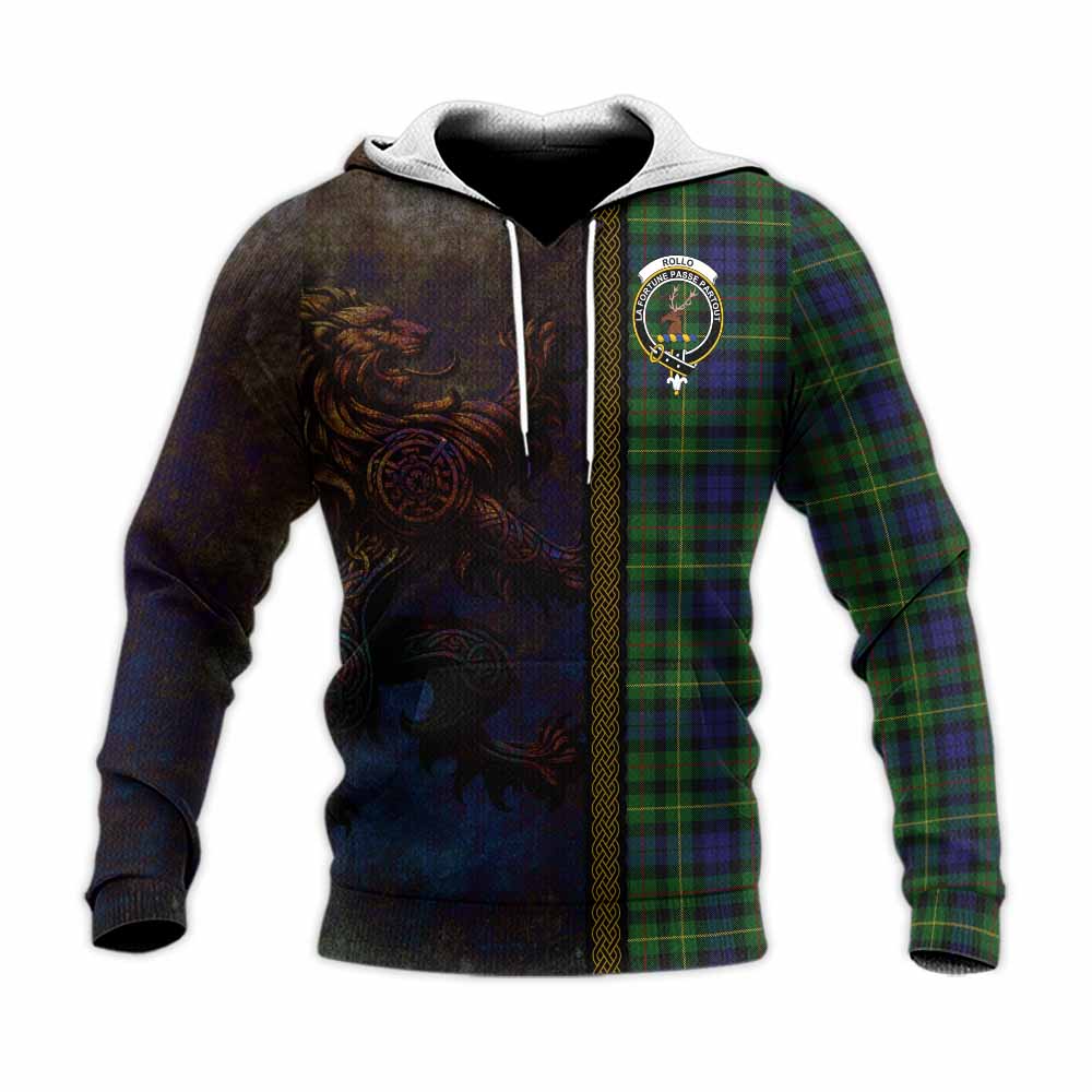Tartan Vibes Clothing Rollo Tartan Family Crest Knitted Hoodie Alba Gu Brath Be Brave Lion Ancient Style