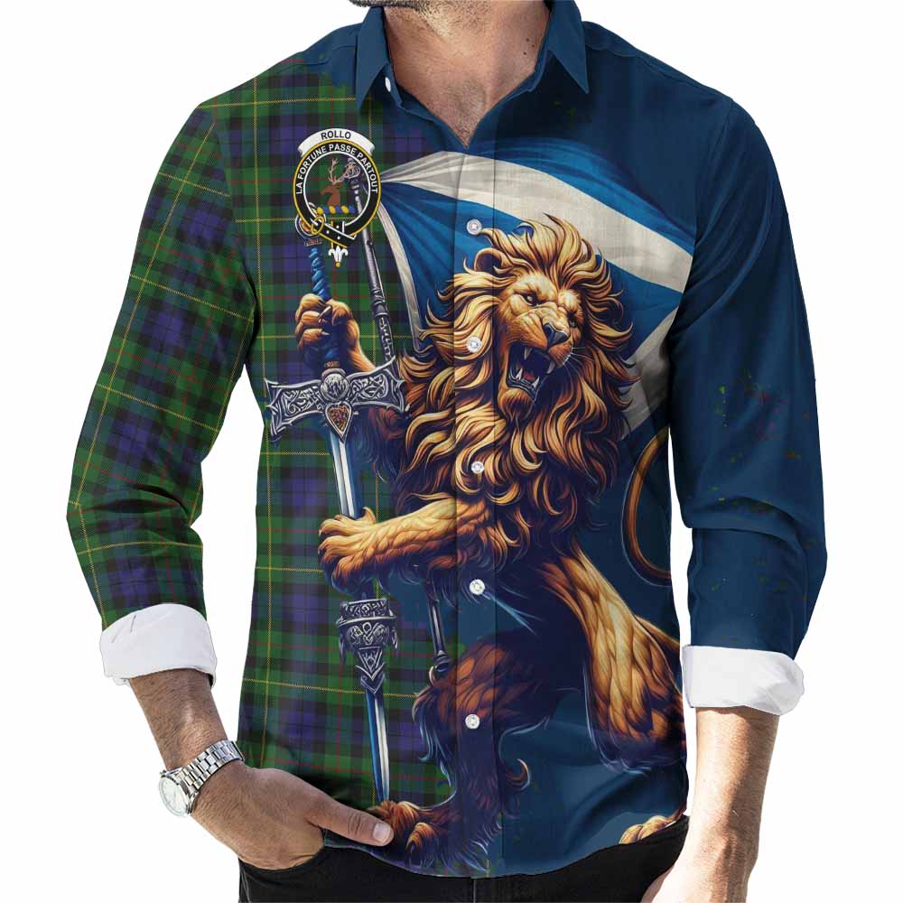 Tartan Vibes Clothing Rollo Tartan Family Crest Long Sleeve Button Shirt with Scottish Majestic Lion