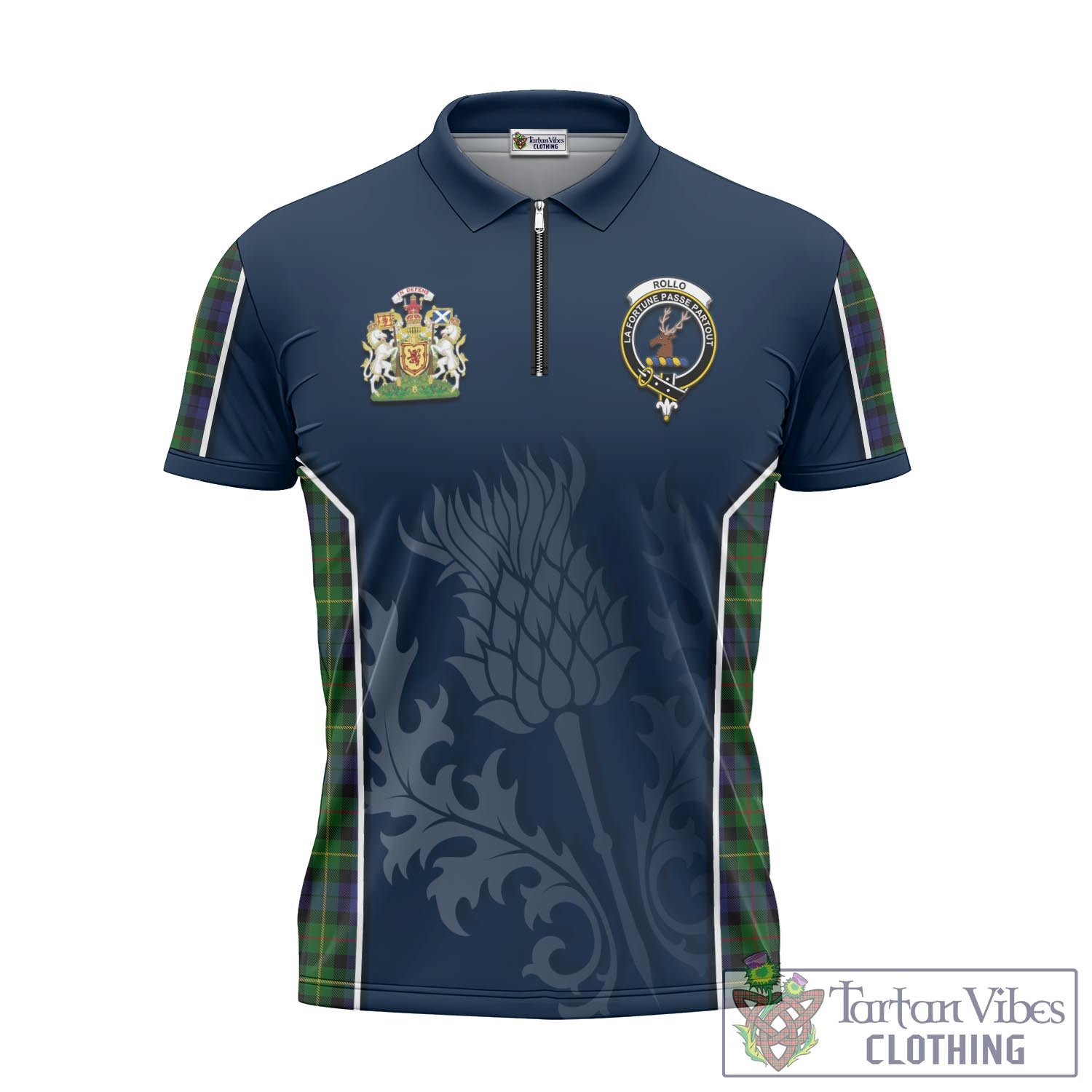 Tartan Vibes Clothing Rollo Tartan Zipper Polo Shirt with Family Crest and Scottish Thistle Vibes Sport Style
