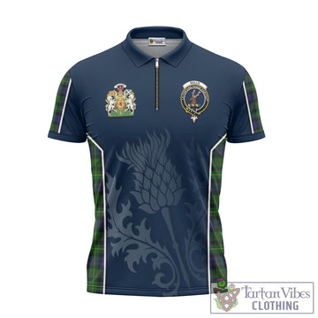 Rollo Tartan Zipper Polo Shirt with Family Crest and Scottish Thistle Vibes Sport Style