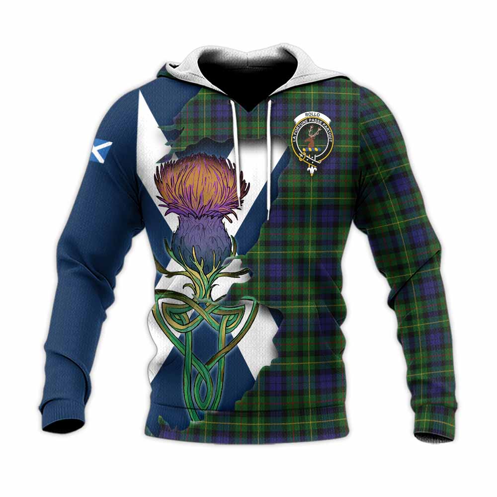 Tartan Vibes Clothing Rollo Tartan Family Crest Knitted Hoodie Scottish Thistle Celtic Inspired