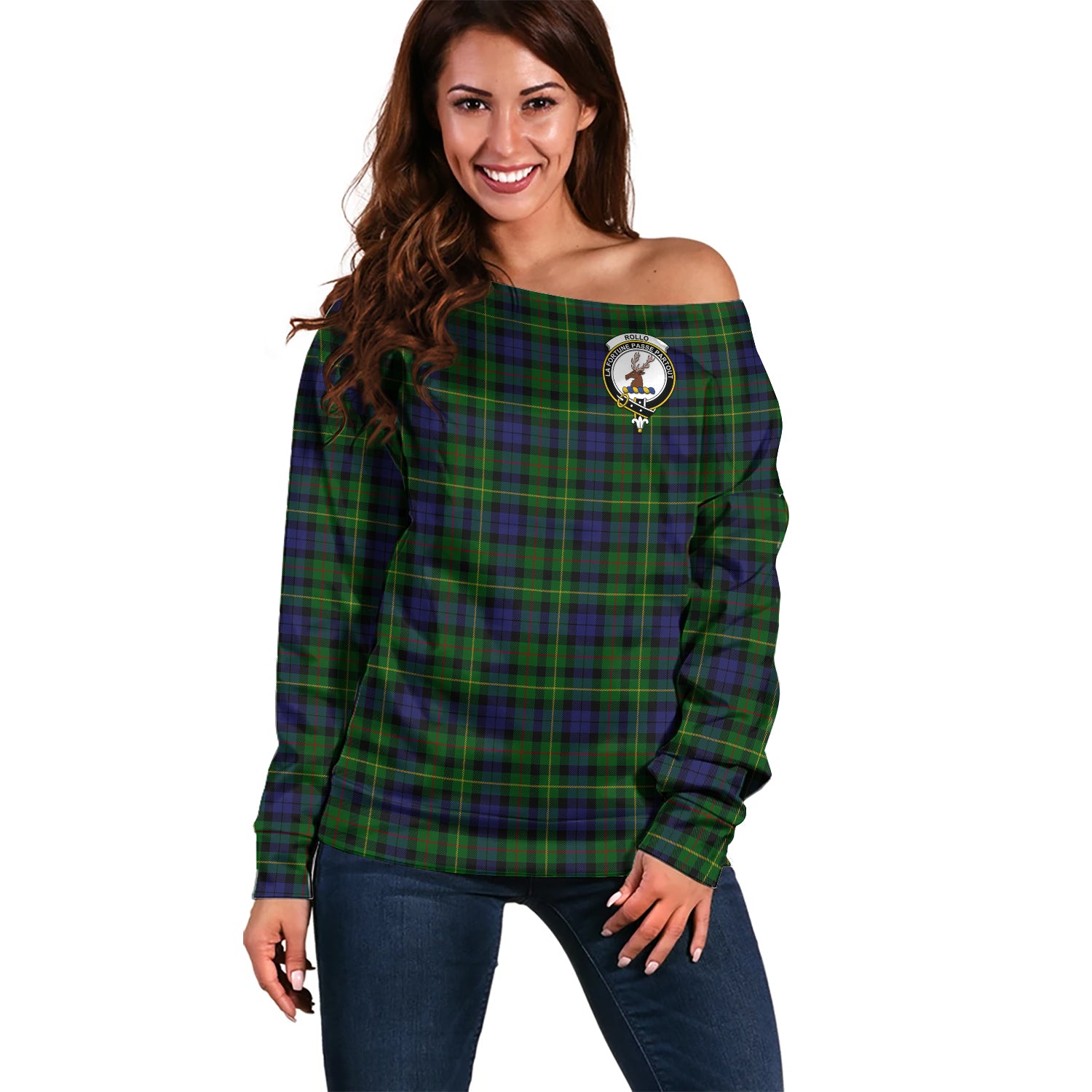 Rollo Tartan Off Shoulder Women Sweater with Family Crest Women - Tartanvibesclothing Shop