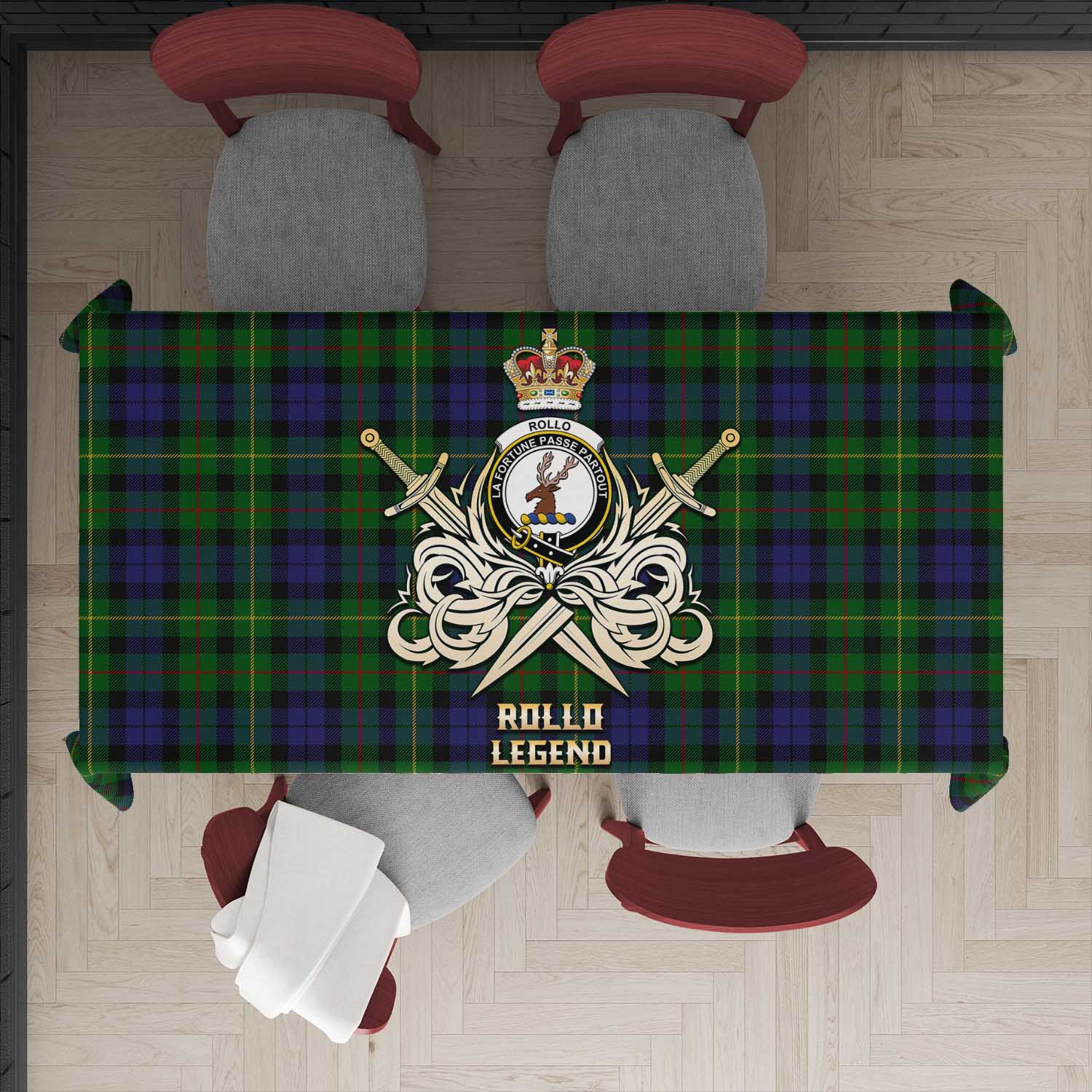 Tartan Vibes Clothing Rollo Tartan Tablecloth with Clan Crest and the Golden Sword of Courageous Legacy