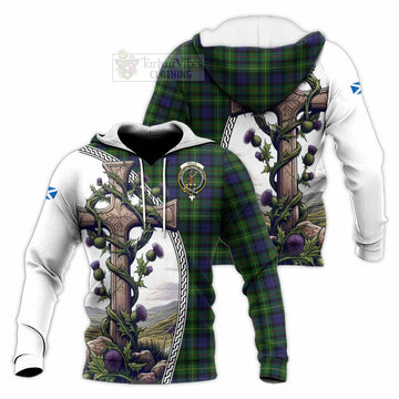 Rollo Tartan Knitted Hoodie with Family Crest and St. Andrew's Cross Accented by Thistle Vines
