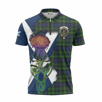 Rollo Tartan Family Crest Zipper Polo Shirt Scottish Thistle Celtic Inspired