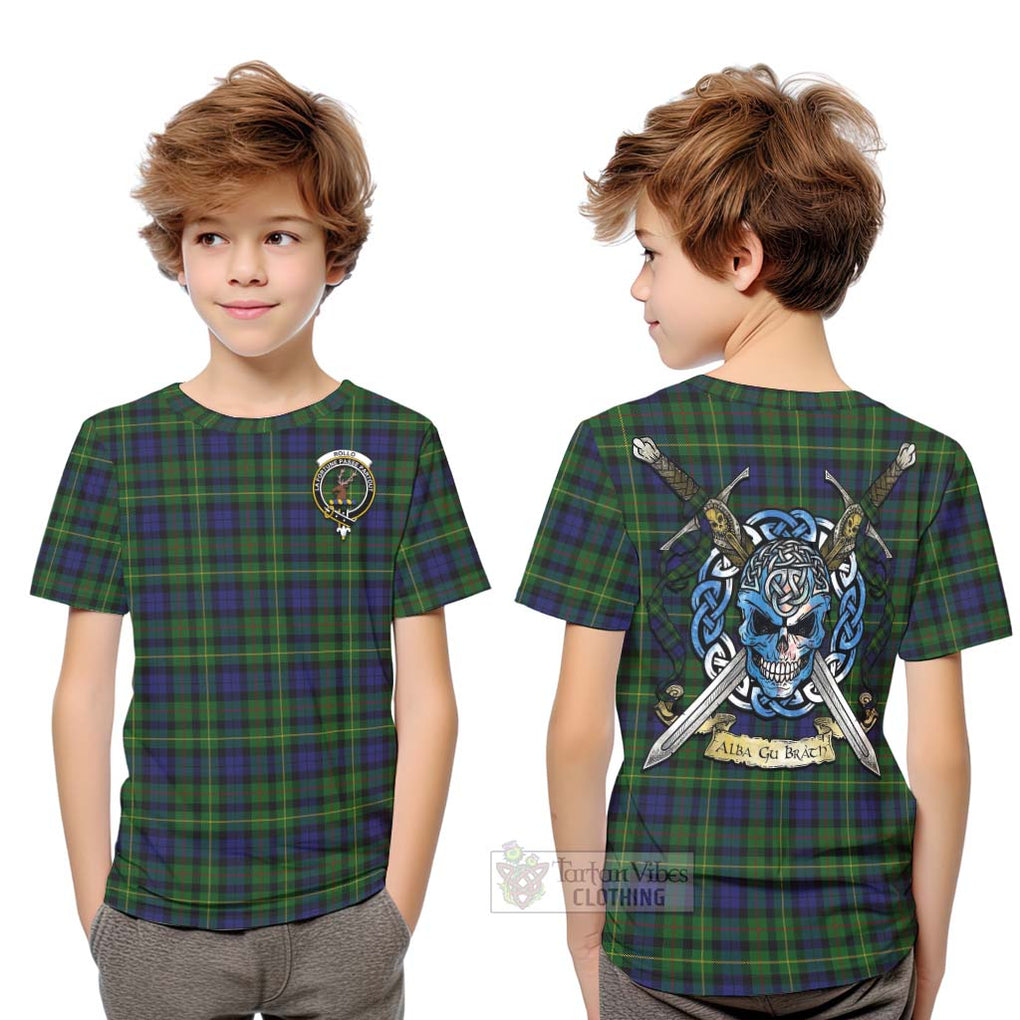 Tartan Vibes Clothing Rollo Tartan Kid T-Shirt with Family Crest Celtic Skull Style