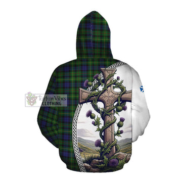 Rollo Tartan Cotton Hoodie with Family Crest and St. Andrew's Cross Accented by Thistle Vines