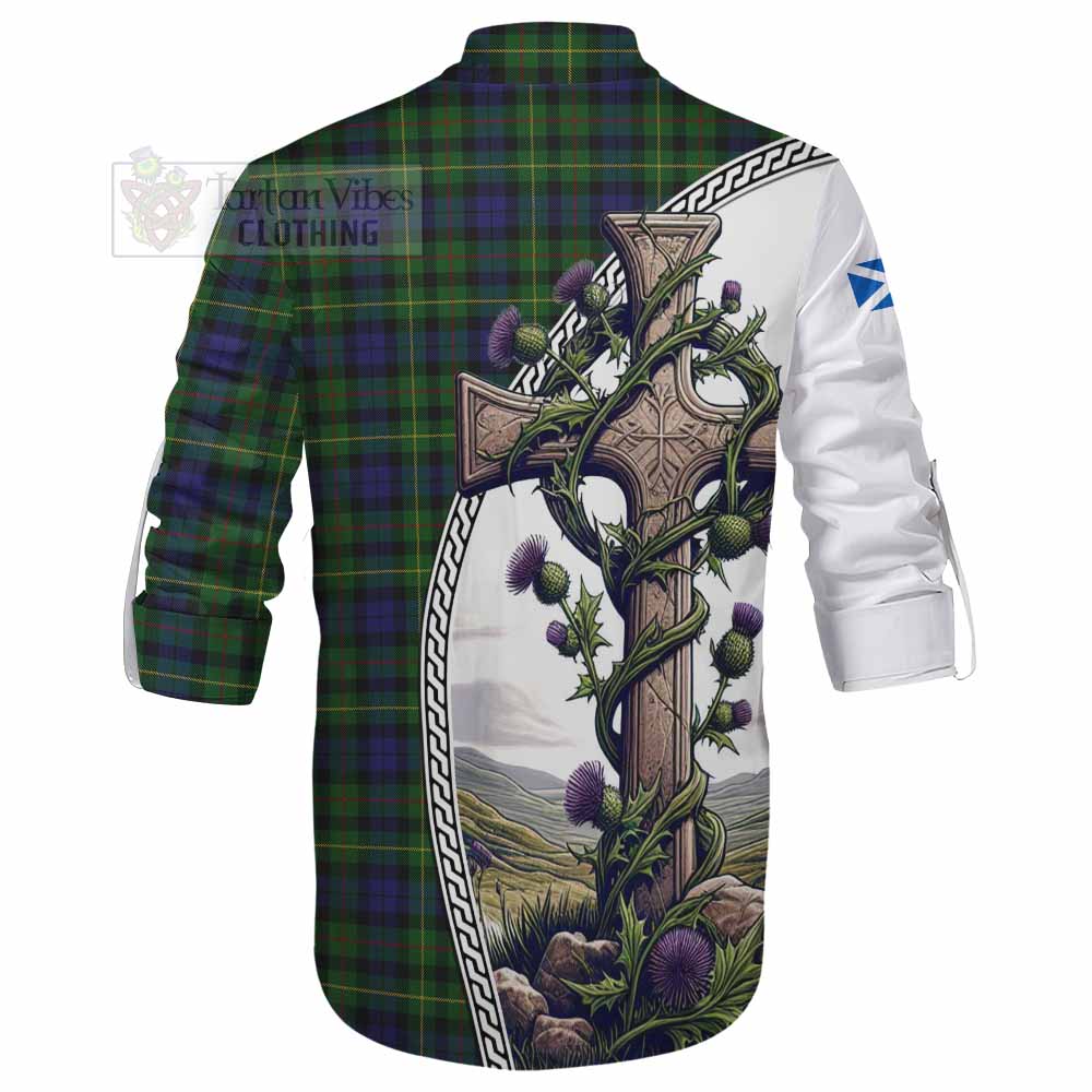 Tartan Vibes Clothing Rollo Tartan Ghillie Kilt Shirt with Family Crest and St. Andrew's Cross Accented by Thistle Vines