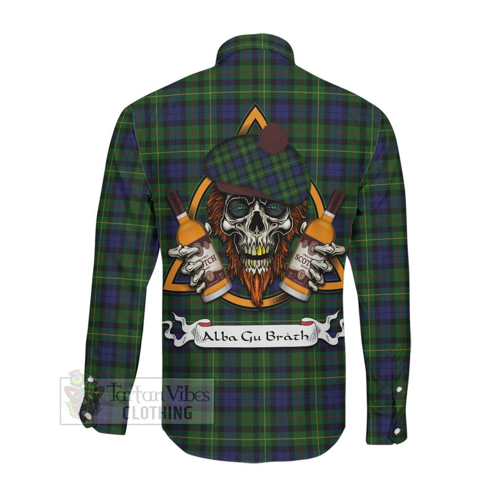 Tartan Vibes Clothing Rollo Tartan Long Sleeve Button Shirt with Family Crest and Bearded Skull Holding Bottles of Whiskey