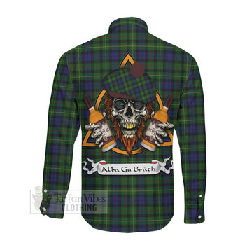 Rollo Tartan Long Sleeve Button Shirt with Family Crest and Bearded Skull Holding Bottles of Whiskey