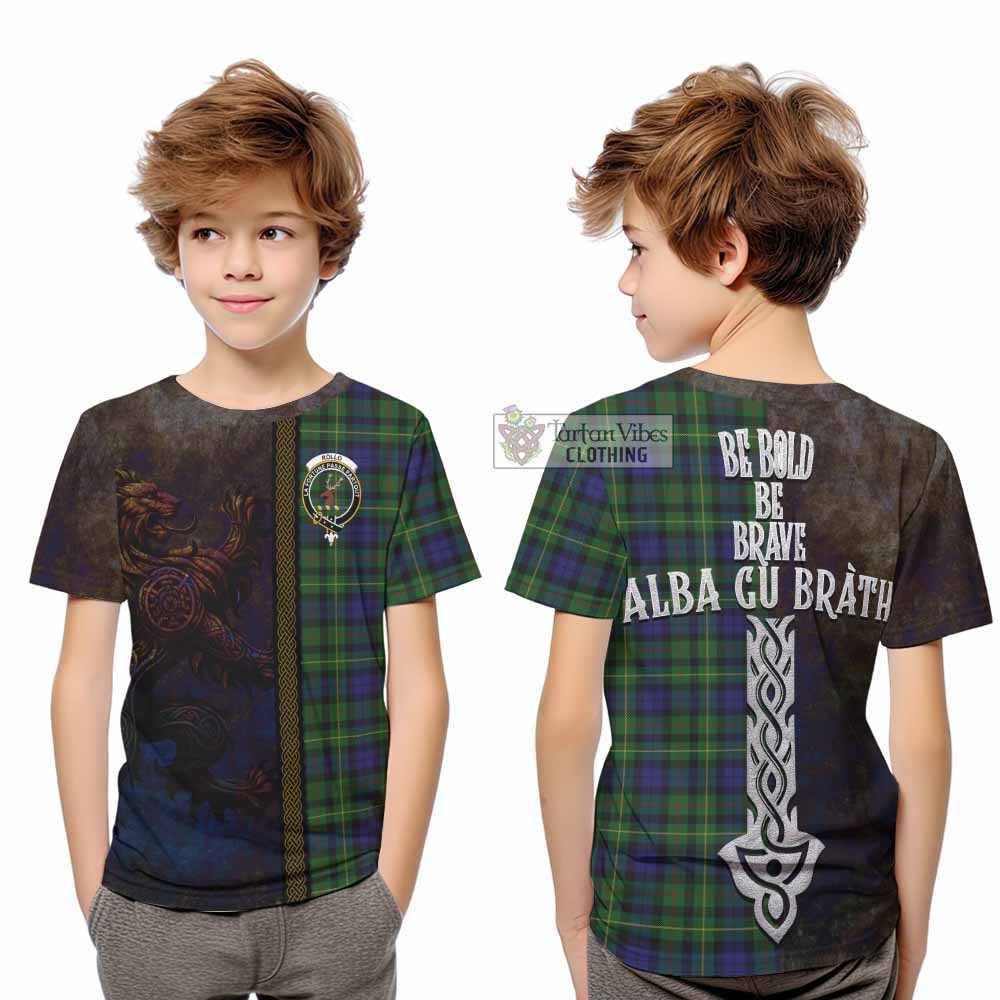 Tartan Vibes Clothing Rollo Tartan Family Crest Kid T-Shirt Alba Gu Brath Be Brave Lion Ancient Style