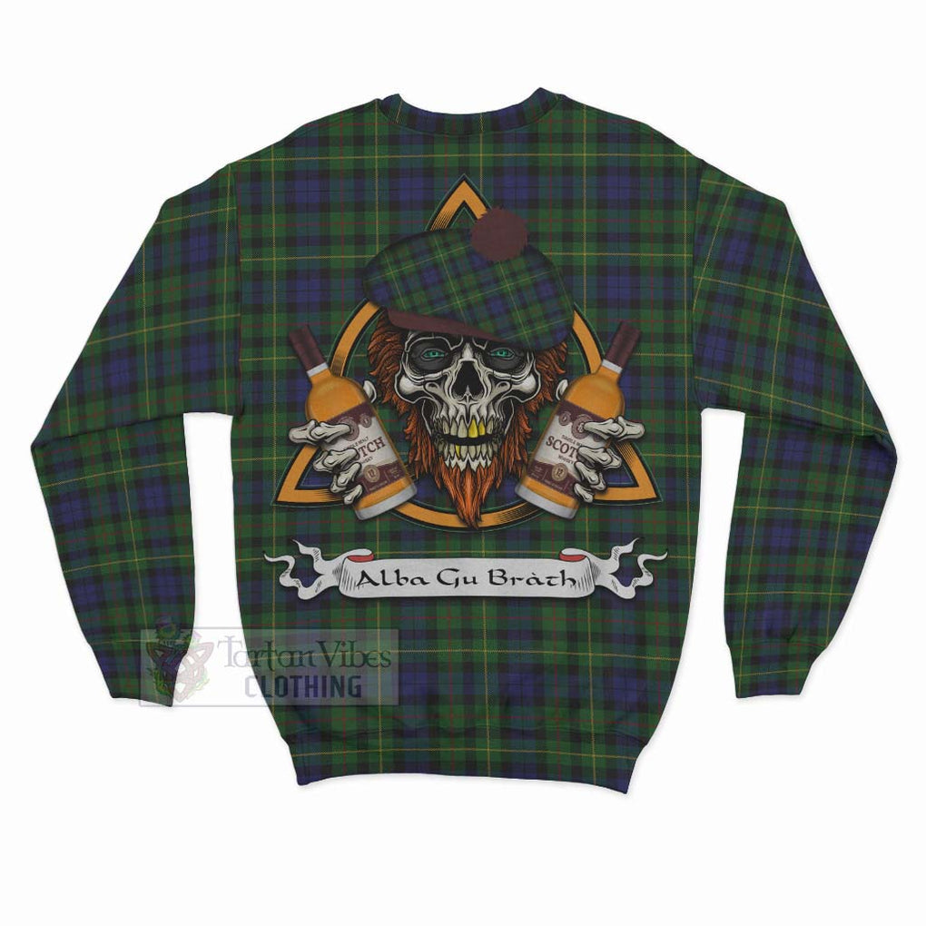 Tartan Vibes Clothing Rollo Tartan Sweatshirt with Family Crest and Bearded Skull Holding Bottles of Whiskey
