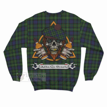 Tartan Vibes Clothing Rollo Tartan Sweatshirt with Family Crest and Bearded Skull Holding Bottles of Whiskey