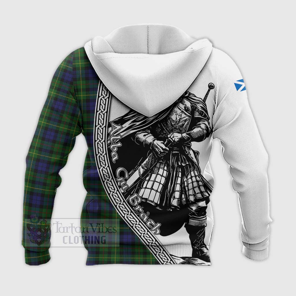 Tartan Vibes Clothing Rollo Tartan Clan Crest Knitted Hoodie with Highlander Warrior Celtic Style