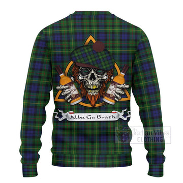Tartan Vibes Clothing Rollo Tartan Knitted Sweater with Family Crest and Bearded Skull Holding Bottles of Whiskey