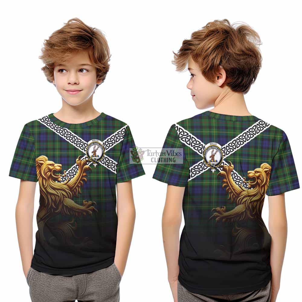Tartan Vibes Clothing Rollo Crest Tartan Kid T-Shirt with Golden Lion Emblem Celtic Style