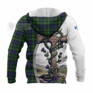 Rollo Tartan Knitted Hoodie with Family Crest and St. Andrew's Cross Accented by Thistle Vines
