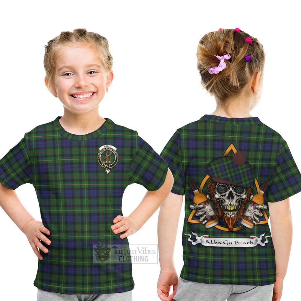 Tartan Vibes Clothing Rollo Tartan Kid T-Shirt with Family Crest and Bearded Skull Holding Bottles of Whiskey