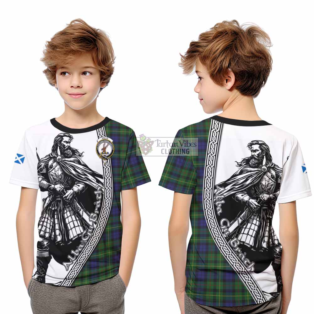 Rollo Tartan Clan Crest Kid T-Shirt with Highlander Warrior Celtic Style
