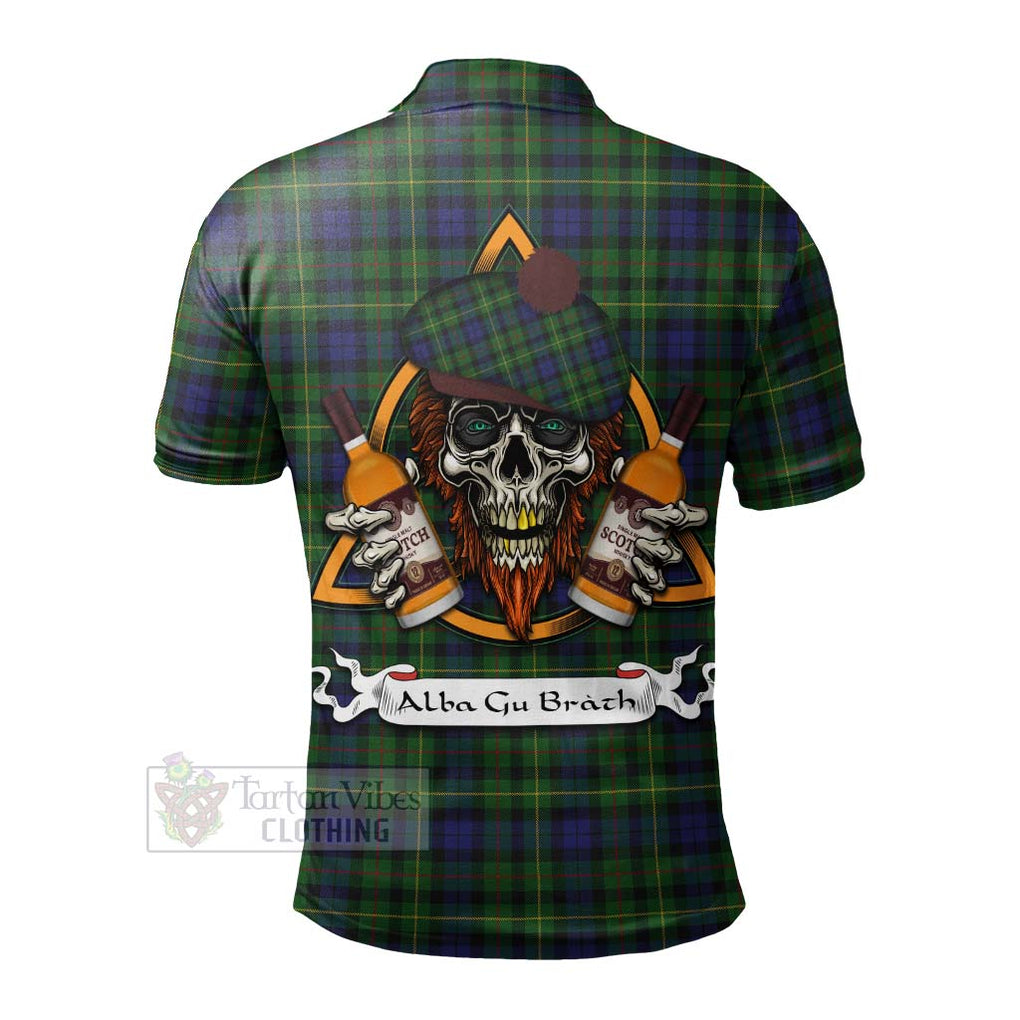 Tartan Vibes Clothing Rollo Tartan Polo Shirt with Family Crest and Bearded Skull Holding Bottles of Whiskey