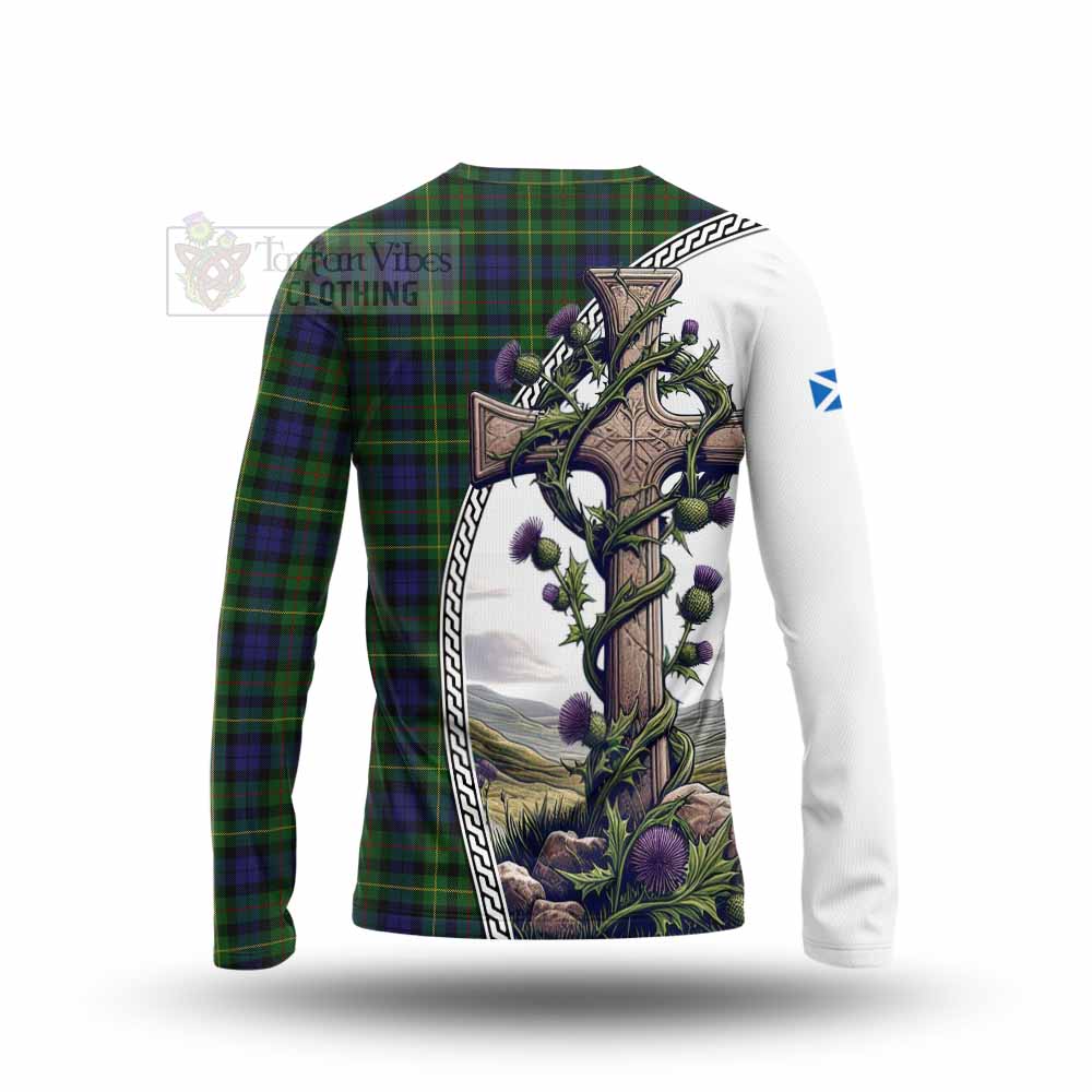 Tartan Vibes Clothing Rollo Tartan Long Sleeve T-Shirt with Family Crest and St. Andrew's Cross Accented by Thistle Vines