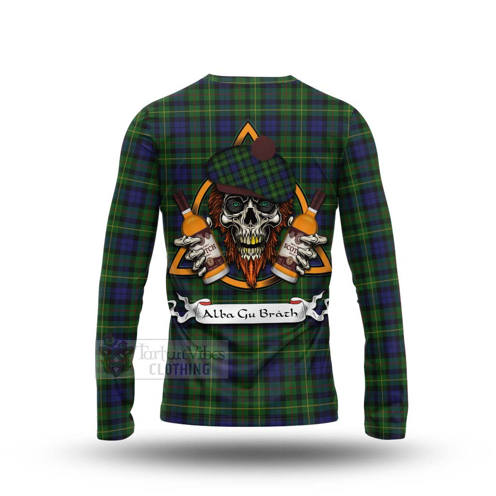 Tartan Vibes Clothing Rollo Tartan Long Sleeve T-Shirt with Family Crest and Bearded Skull Holding Bottles of Whiskey