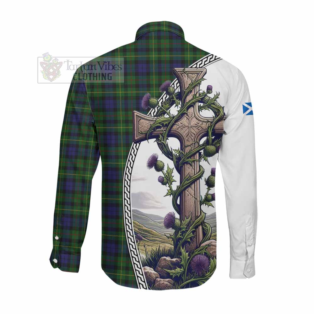 Tartan Vibes Clothing Rollo Tartan Long Sleeve Button Shirt with Family Crest and St. Andrew's Cross Accented by Thistle Vines