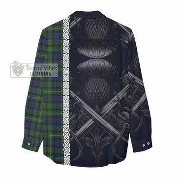Tartan Vibes Clothing Rollo Tartan Women's Casual Shirt with Family Crest Cross Sword Thistle Celtic Vibes