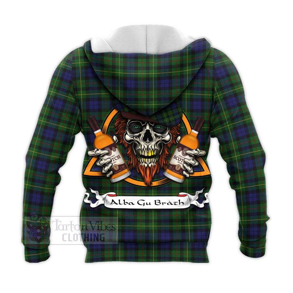 Tartan Vibes Clothing Rollo Tartan Knitted Hoodie with Family Crest and Bearded Skull Holding Bottles of Whiskey