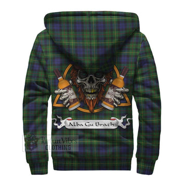 Rollo Tartan Sherpa Hoodie with Family Crest and Bearded Skull Holding Bottles of Whiskey