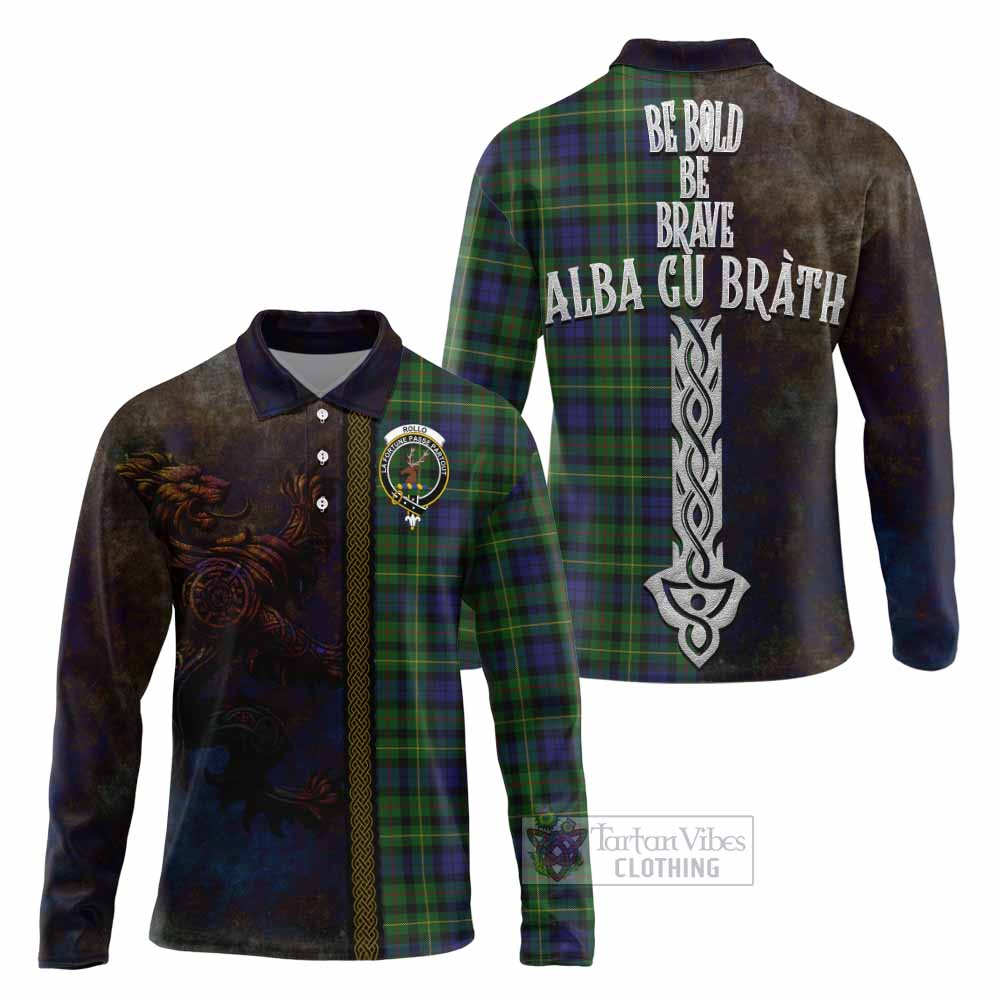 Tartan Vibes Clothing Rollo Tartan Family Crest Long Sleeve Polo Shirt Alba Gu Brath Be Brave Lion Ancient Style