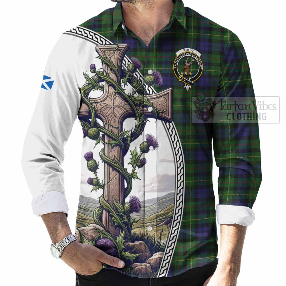 Tartan Vibes Clothing Rollo Tartan Long Sleeve Button Shirt with Family Crest and St. Andrew's Cross Accented by Thistle Vines